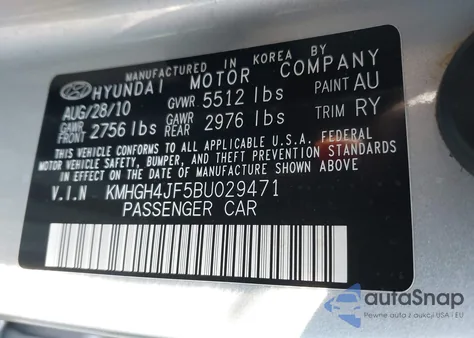 2011 Hyundai Equus Signature из США, поврежденный, VIN KMHGH4JF5BU029471